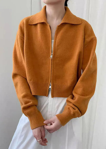 Natural Yellow Zippered Patchwork Cotton Knit Coats Spring