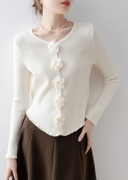 French Apricot Ruffled Knit Sweaters Flare Sleeve
