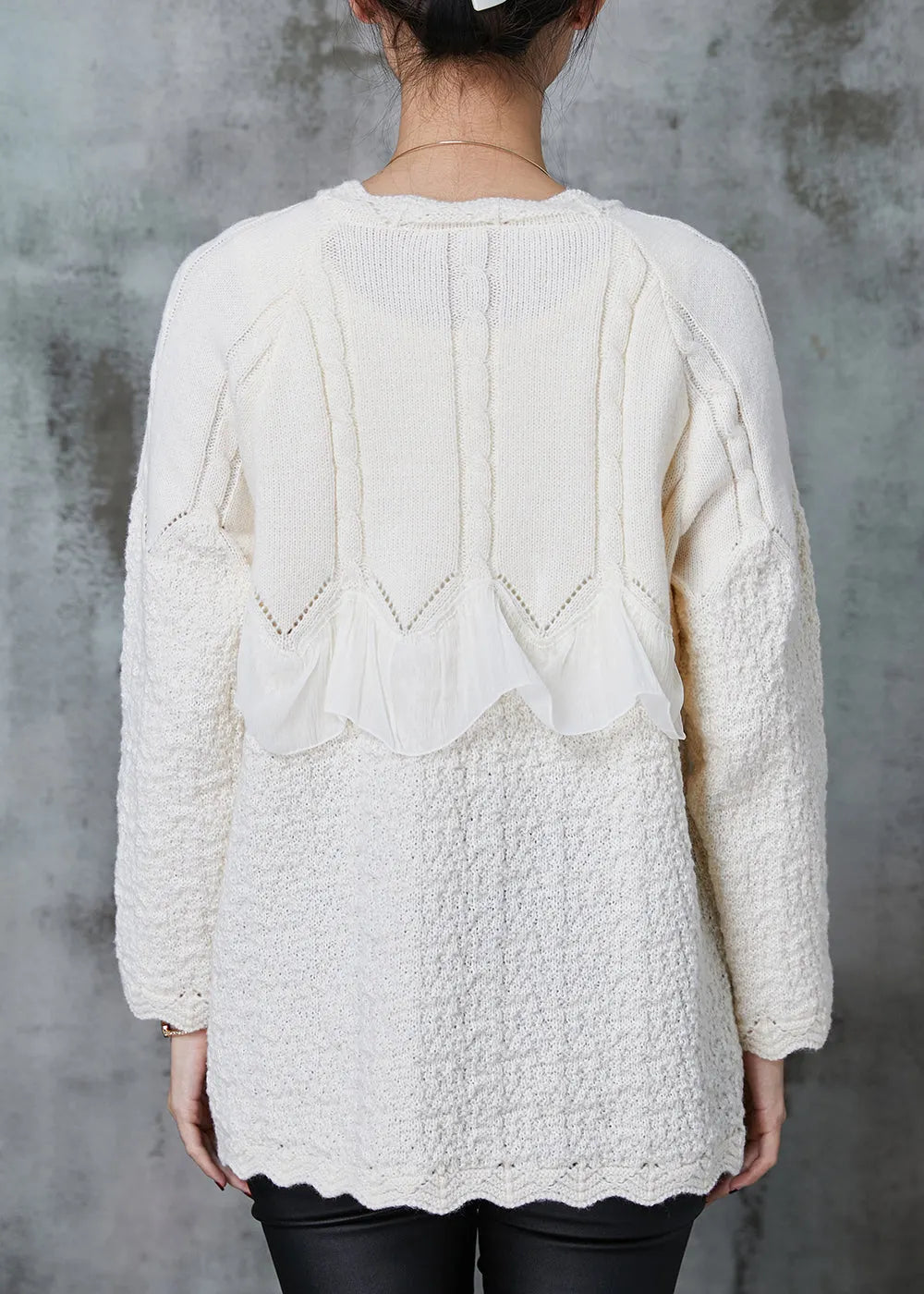 White Ruffles Patchwork Knit Coat Outwear Spring