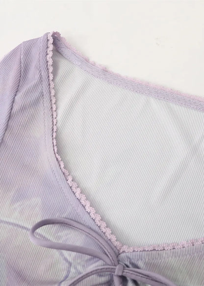 Style Purple Lace Lace Up Patchwork Cotton Tops Fall
