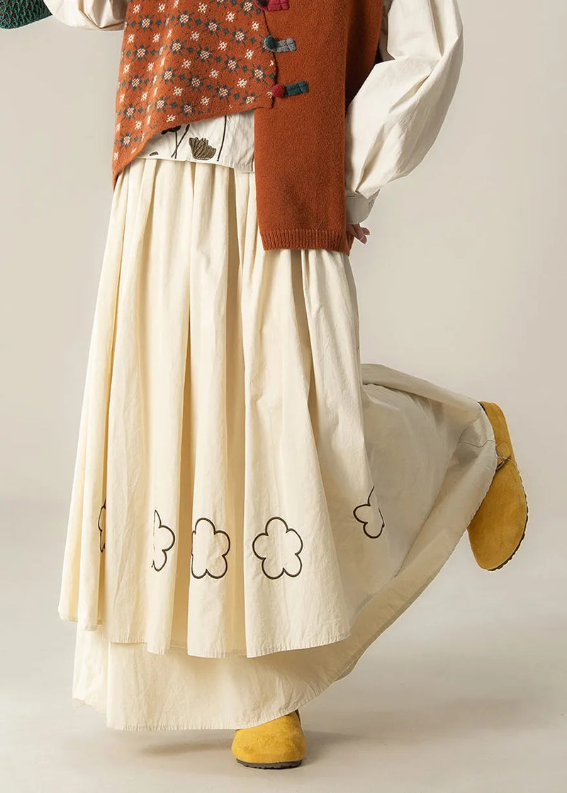 Art Beige Embroidered Exra Large Hem Cotton Skirt Spring