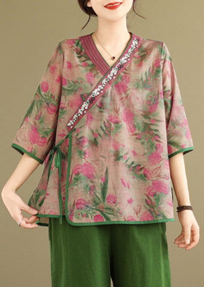 Green V Neck Print Top Bracelet Sleeve