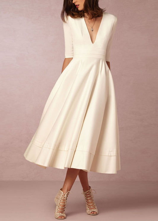 White V Neck Wrinkled Exra Large Hem Dresses Summer