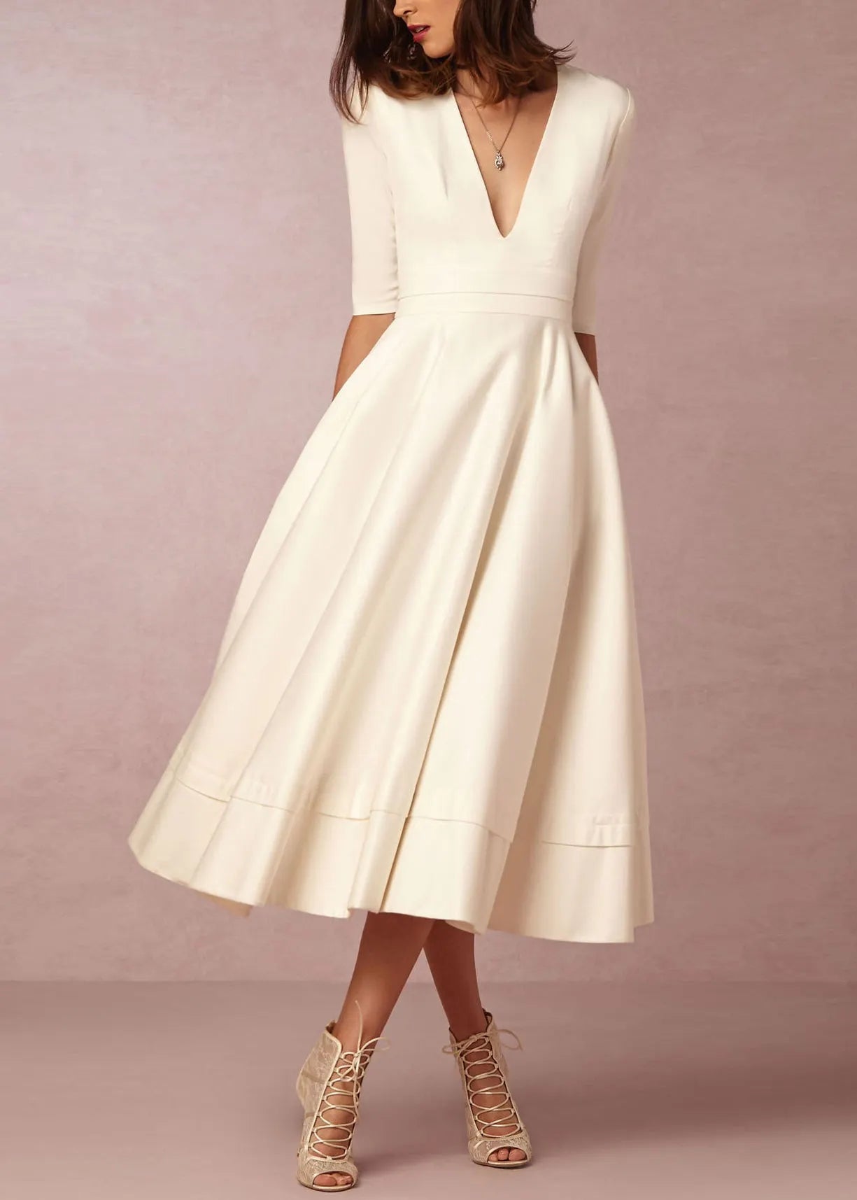 White V Neck Wrinkled Exra Large Hem Dresses Summer
