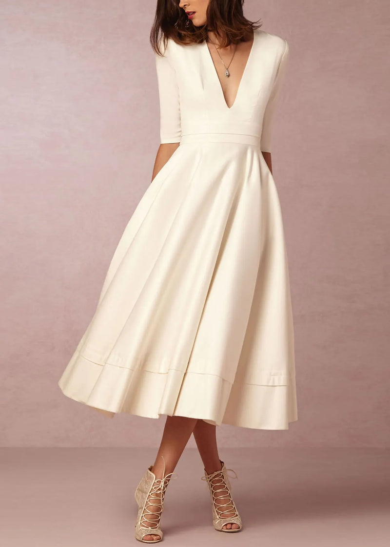 White V Neck Wrinkled Exra Large Hem Dresses Summer