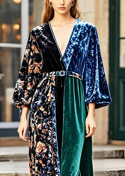 V Neck Patchwork Print Silk Velvet Dress Spring