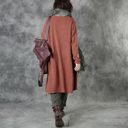 Brick Red Knit Pockets Embroideried Fall Cardigan Long Sleeve