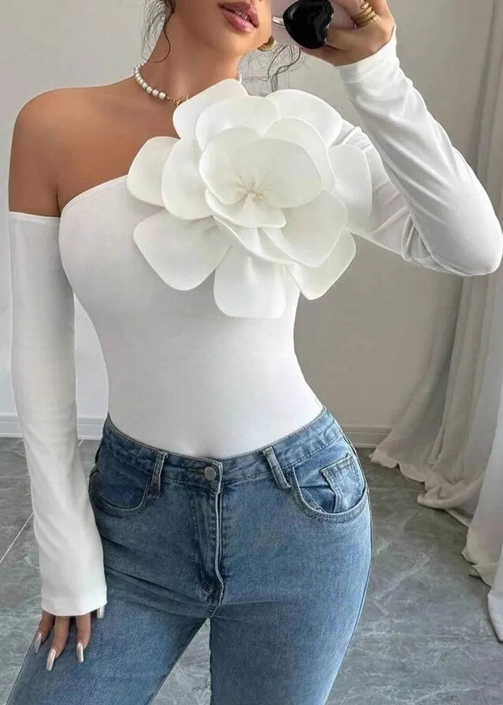 French White Cold Shoulder Cotton Top Long Sleeve