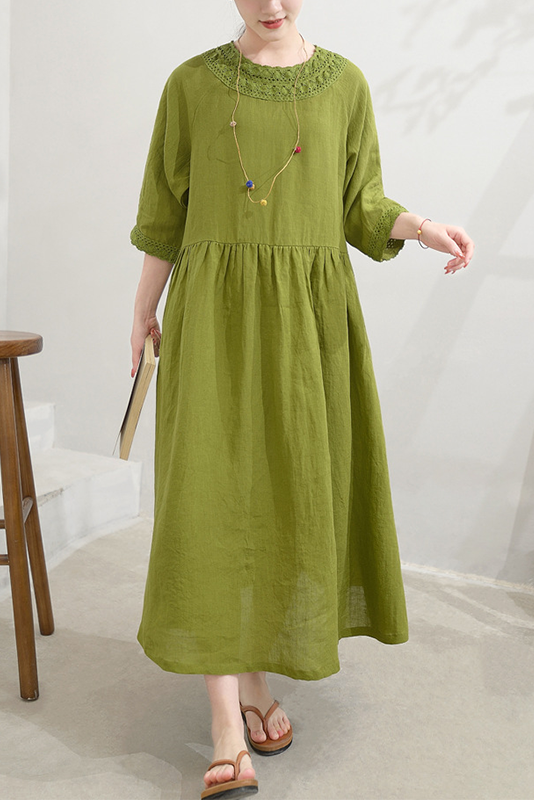 Summer Sand Washed Linen Lace Panel Dress
