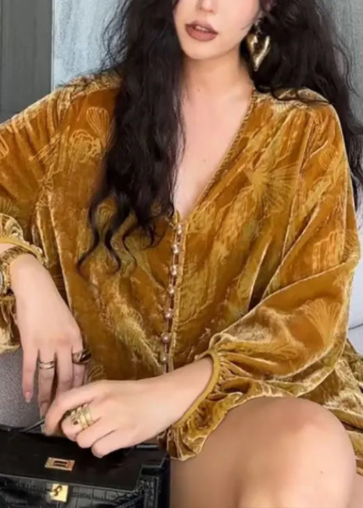 Loose Yellow V Neck Button Silk Velour Top Fall