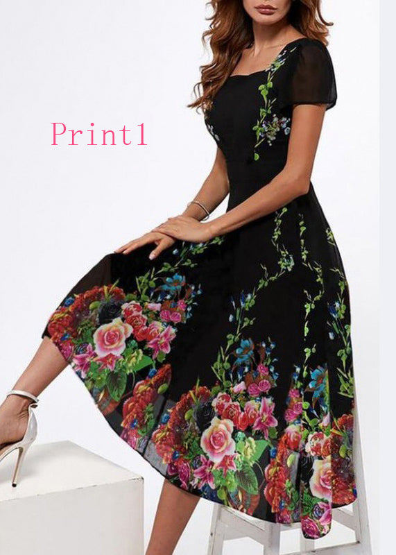 New Square Collar Print Cotton Long Dresses Summer