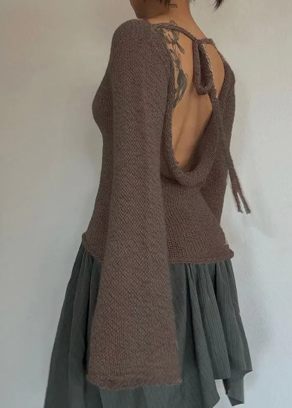 European and American Coffee Backless Lace Up Flared Sleeve Knit Top