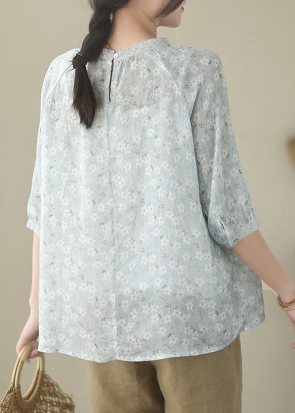 Blue O-neck Patchwork Ramie Shirts Half Sleeve