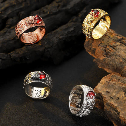 Buddha Stones Fengshui Pixiu Red Garnet Heart Sutra Wealth Ring