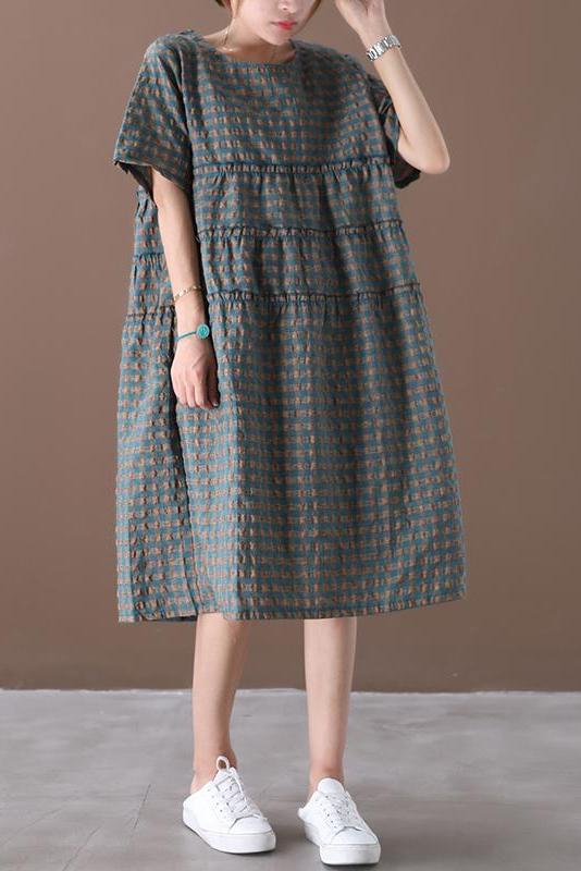 Limited Stock- Summer Plaid Round Neck Cotton Linen Midi Dress