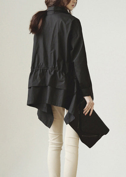Black Peter Pan Collar Drawstring Cotton Blouse Tops Fall