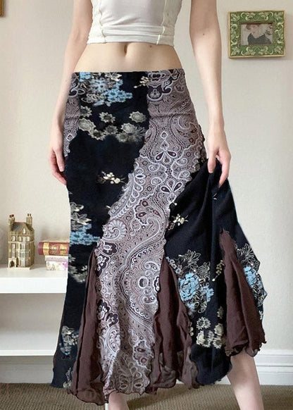 Black Print Patchwork Cotton Skirts Summer