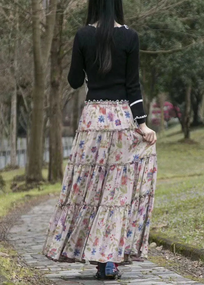 Loose Cinched Print Elastic Waist Patchwork Cotton Skirts Summer