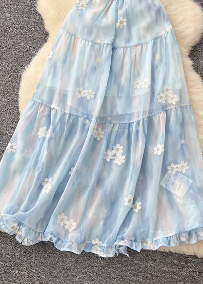 French Sky Blue Embroidered Chiffon Sundress Summer