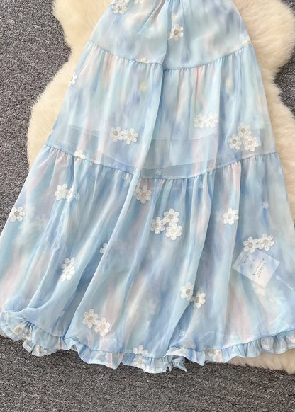 French Sky Blue Embroidered Chiffon Sundress Summer