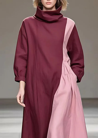 Loose Colorblock Patchwork Wrinkled Long Dresses Long Sleeve