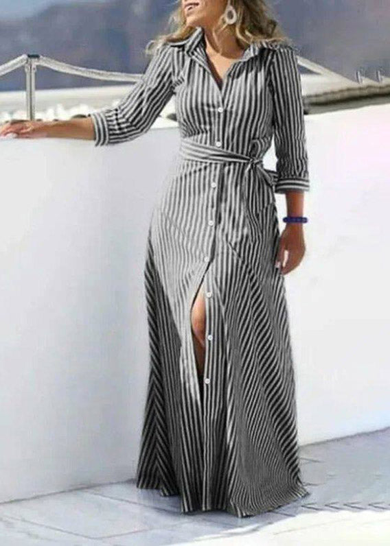 Black Striped Tie Waist Maxi Shirts Dress Three Quarter Sleeve