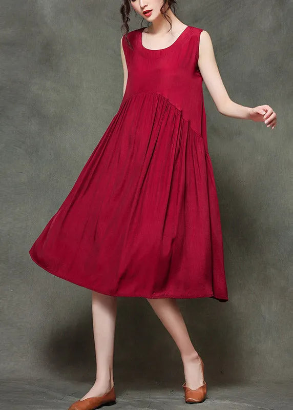 Wine Red-floral2 O-neck Wrinkled Long Dresses Sleeveless