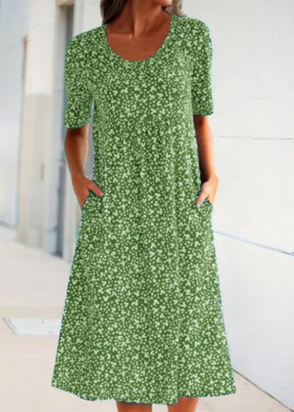 Navy O Neck Print Pockets Cotton Long Dress Summer