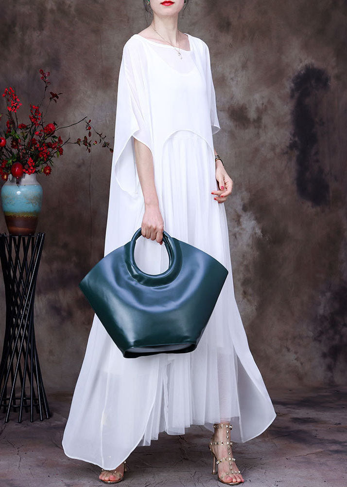 White O-neck Asymmetrical Design Chiffon Cloak Dress Batwing Sleeve