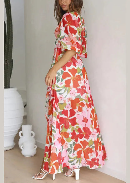Stylish Red V Neck Print Side Open Cotton Dress Summer