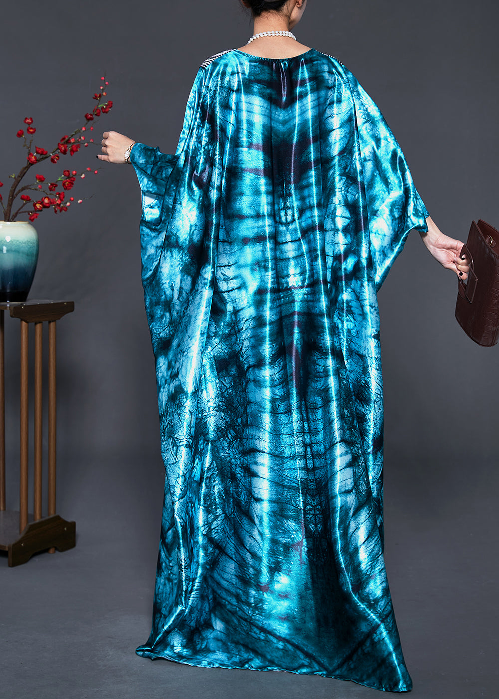 Green Oversized Tie Dye Silk Dress Batwing Sleeve