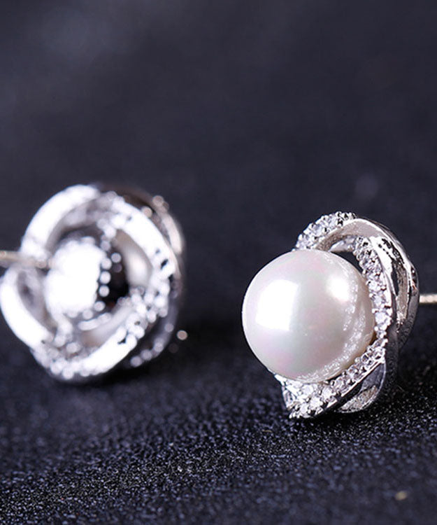 White Sterling Silver Inlaid Zircon Jade Stud Earrings