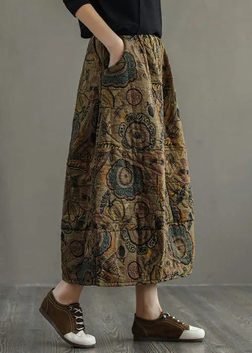 Red Elastic Waist Patchwork Print Fine Cotton Filled Skirt Winter
