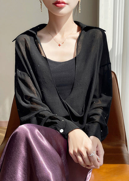 Black Peter Pan Collar Chiffon Blouses Fall