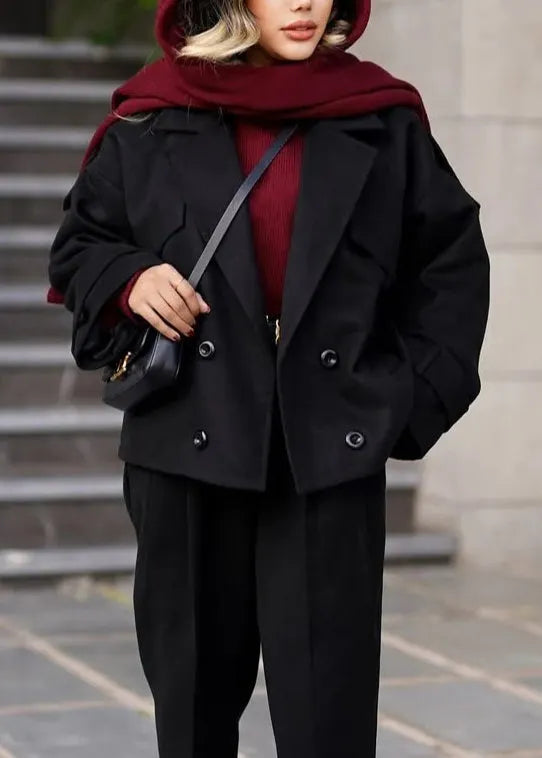Grey Peter Pan Collar Button Woolen Coats Winter
