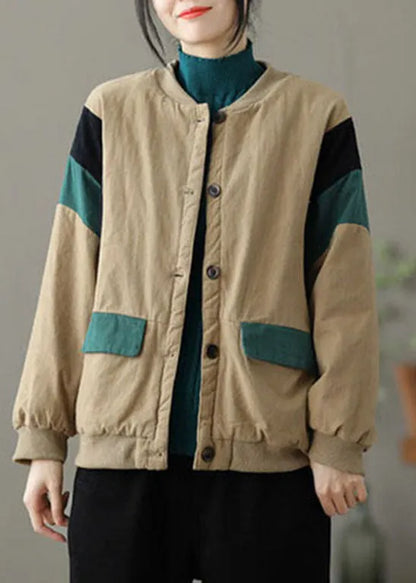 Modern Khaki O-neck Pockets Patchwork Fine Cotton Filled Jacket Spring