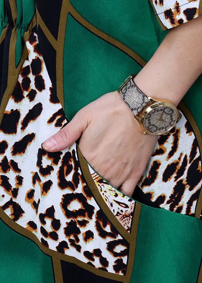 Green Stand Collar Leopard Print Button Wrinkled Silk Long Cardigans Summer