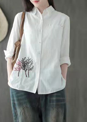 Organic White Peter Pan Collar Embroidered Cotton Shirt Top Long Sleeve