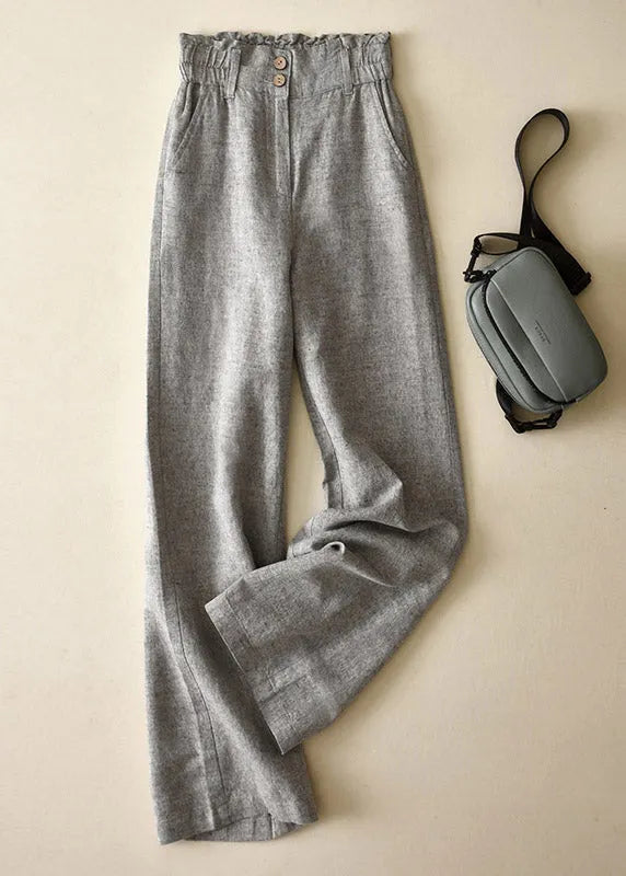 Black-texture High Waist Button Linen Straigh Pants Summer