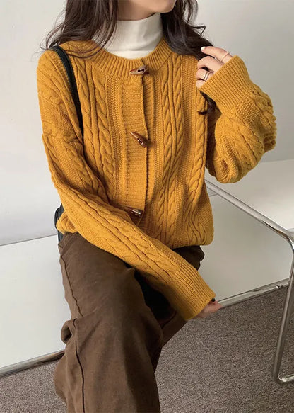 Yellow O Neck Button Cable Knit Cardigans Spring