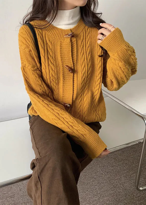 Yellow O Neck Button Cable Knit Cardigans Spring