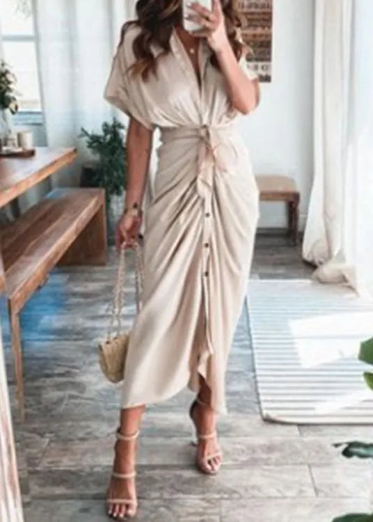 Champagne Lace Up Printed Wrinkled Dress Summer