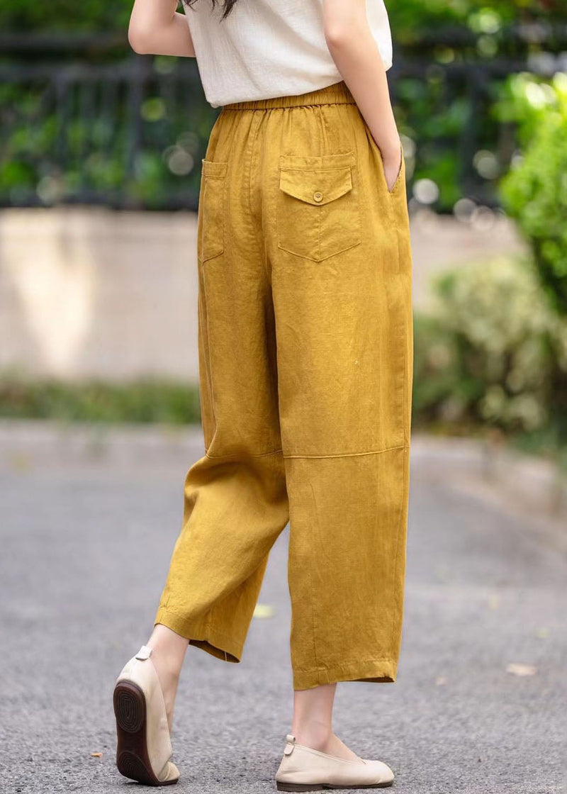 Yellow Oversized Pockets Linen Crop Pants Summer