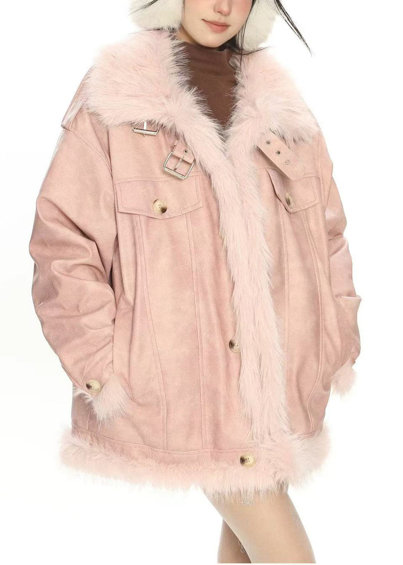 Pink Oversized Patchwork Warm Faux Leather Coat Winter
