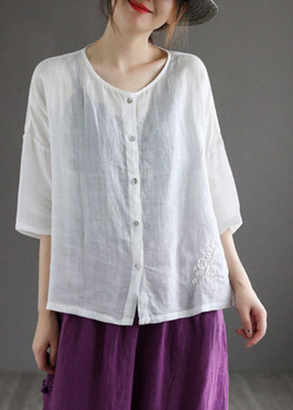 Classy Coffee O-neck Embroidered Button Linen Shirt Half Sleeve