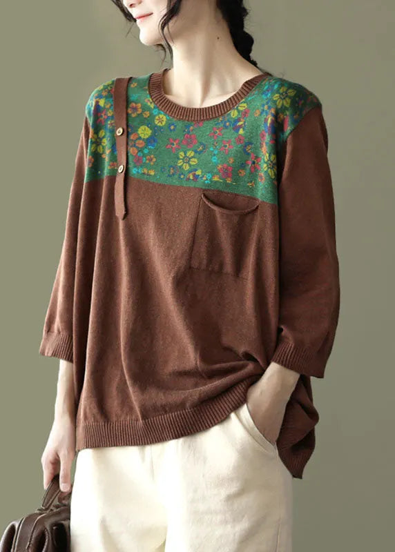Loose Chocolate O-neck Button Patchwork Print Knit Tops Long Sleeve