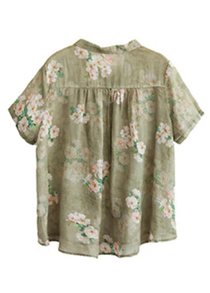 Peter Pan Collar Print Button Low High Design Linen Shirts Short Sleeve
