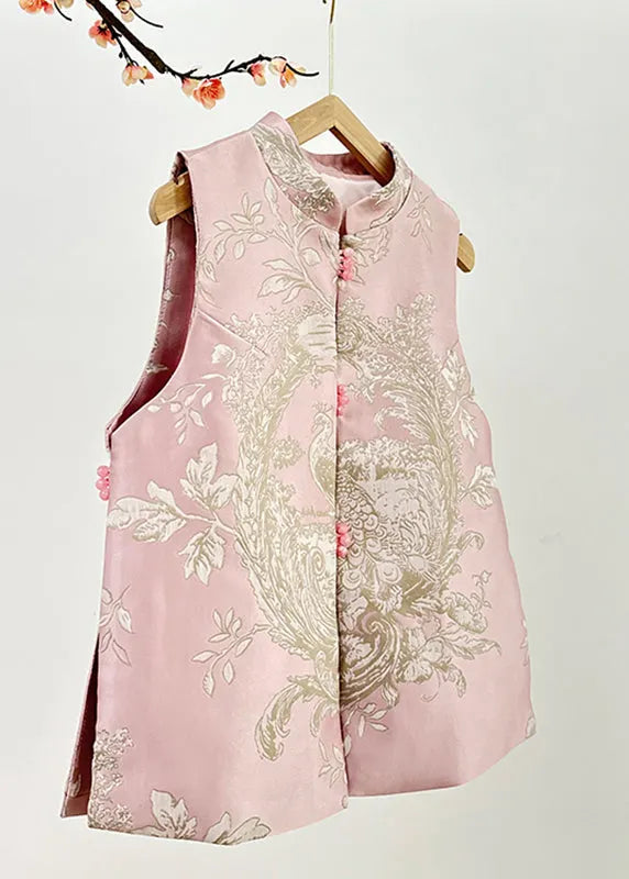 Pink Stand Collar Embroidered Nail Bead Side Open Waistcoat Fall
