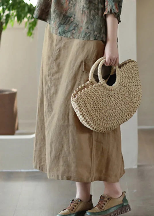 Classy Khaki Patchwork High Waist Linen a Line Skirts Summer