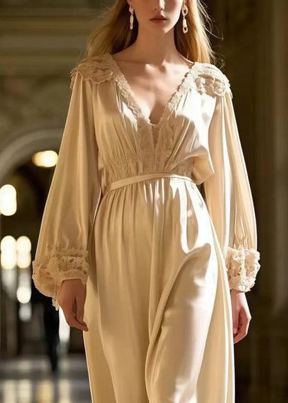 French Milk White V Neck Draping Silk Tunic Dress Spring